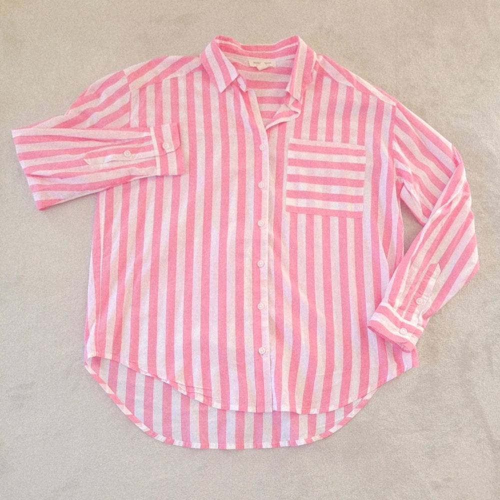 Beach Lunch Lounge Pink Striped Button Up Shirt Small Oversized Relaxed Coverup